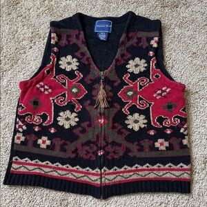 Vintage Eagles Eye Black Red Pattern Floral Grandma Sweater Vest Zip Up Tassel